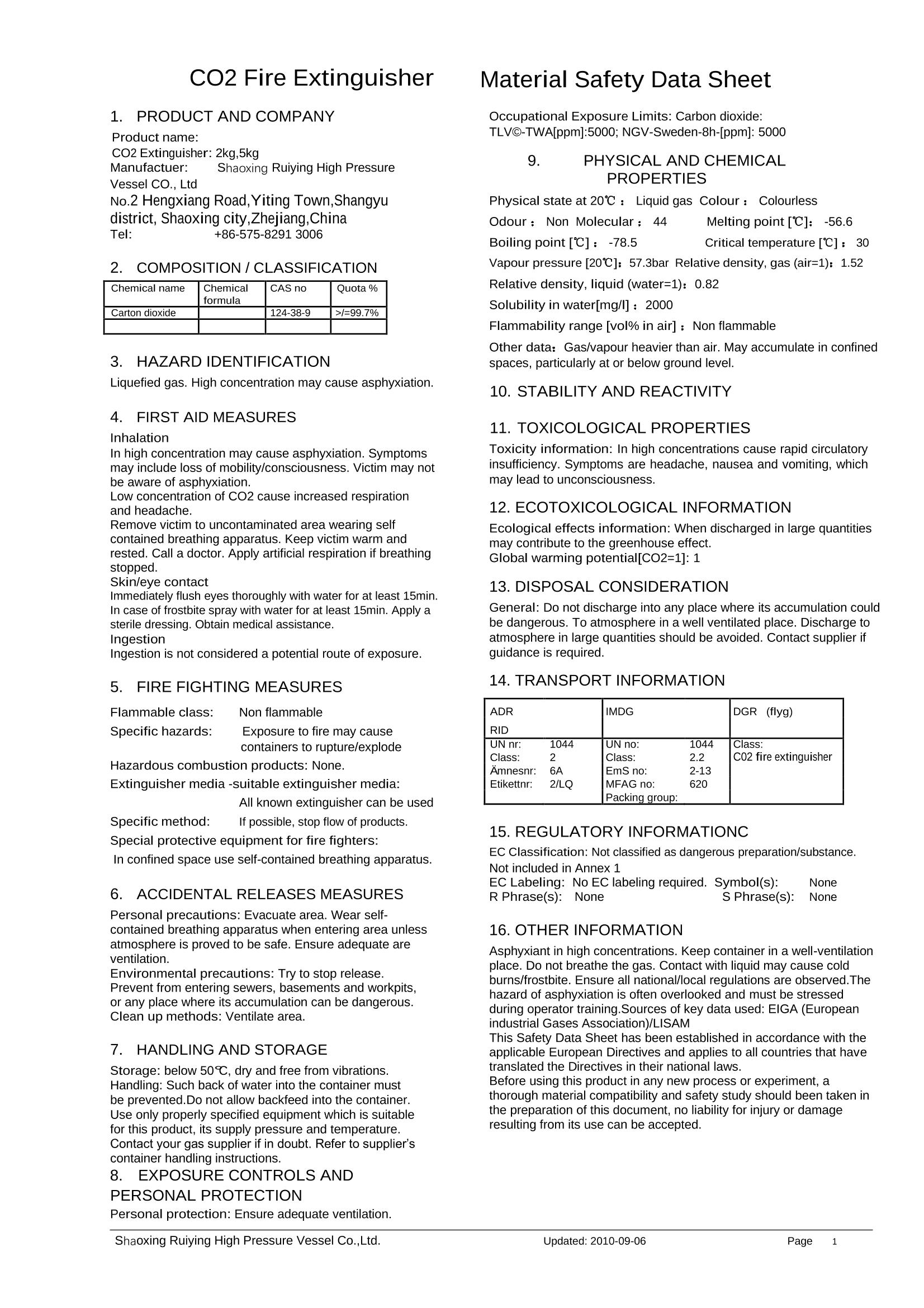 2kg&5kg-Ruiying CO2 extinguisher MSDS-2kg,5kg